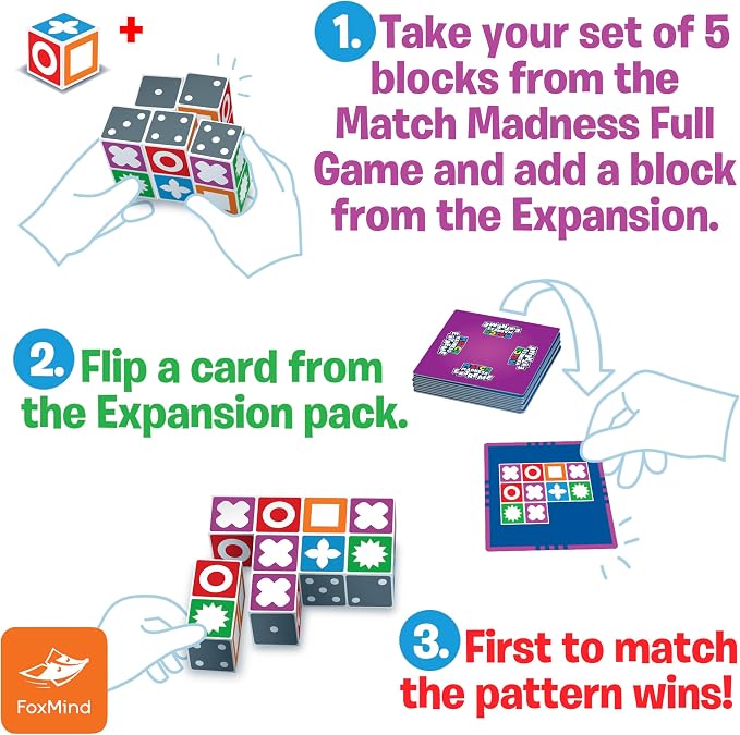 FoxMind Games: Expansion Pack -Match Madness Extreme Used with Original Match Madness Pattern Matching Puzzle Game, 60 New Challenge Cards, Fast-Paced up to 4 Players, Ages 7 and up