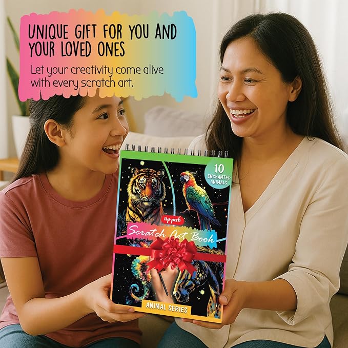 Scratch Art Book for Adults - Animal Series, 10 Rainbow Art and Crafts for Adults | Adult scratch art & foil art for adults kit | stress relief scratch painting, screen-free travel craft | scratch art adult