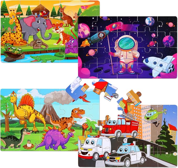 Wooden Puzzles Toys for Kids Ages 3-5, Set of 4 Packs Dinosaur, Space, Transportation Wood Puzzles, Preschool Brain Teaser Toys for Boys and Girls 3 4 5 6 Years Old