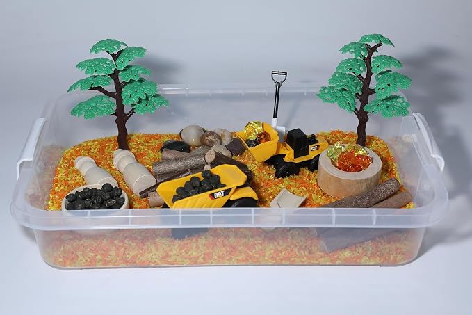 Construction Sensory Bin Kit for Kids | Taste-Safe Rice, Realistic Rocks & Logs, Wooden Tools & Vehicles – Includes Storage Bin – Montessori-Inspired Sensory Play