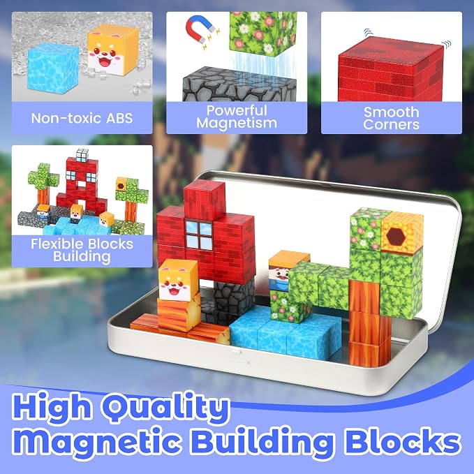 SYSKENI 35PCS Mini Farm Magnetic Blocks Travel Set for Kids Ages 3-5 4-8 | Magnetic Blocks Travel Toys Portable Magnet Cubes STEM Learning Toys with Portable Iron Storage Box Christmas Birthday Gifts