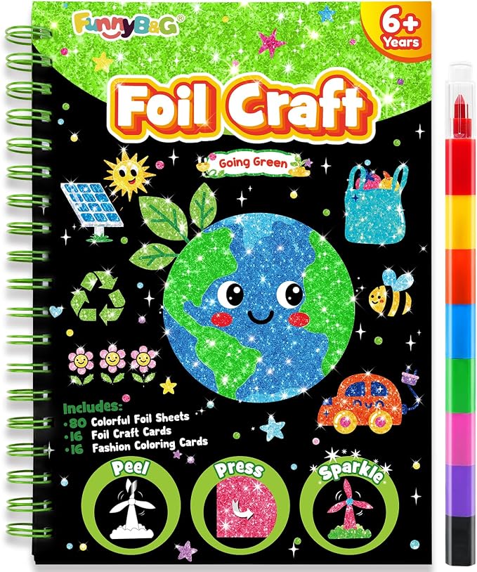 FUNNYB&G Foil Art Craft Kit for Kids, Sparkly Birthday Gift Toy for Kids | No Mess, Kids Ages 4-10 Create Sparkling Artwork, A Creative Gift for Birthdays, Holidays, Travel Activities,Screen-Free Fun