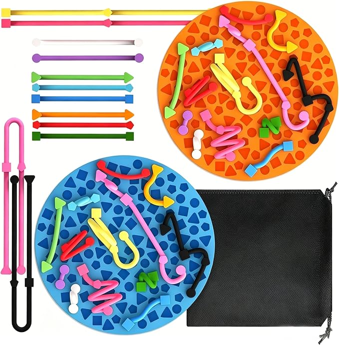 2PCS Sensory Activity Board, Sensory Board,Stress Relief Silicone Quiet Fidget Toy for Toddlers Kids Adults, ADHD Autism Sensory Toys | Includes Portable Travel Bag & 12 Strings（Blue+Orange）