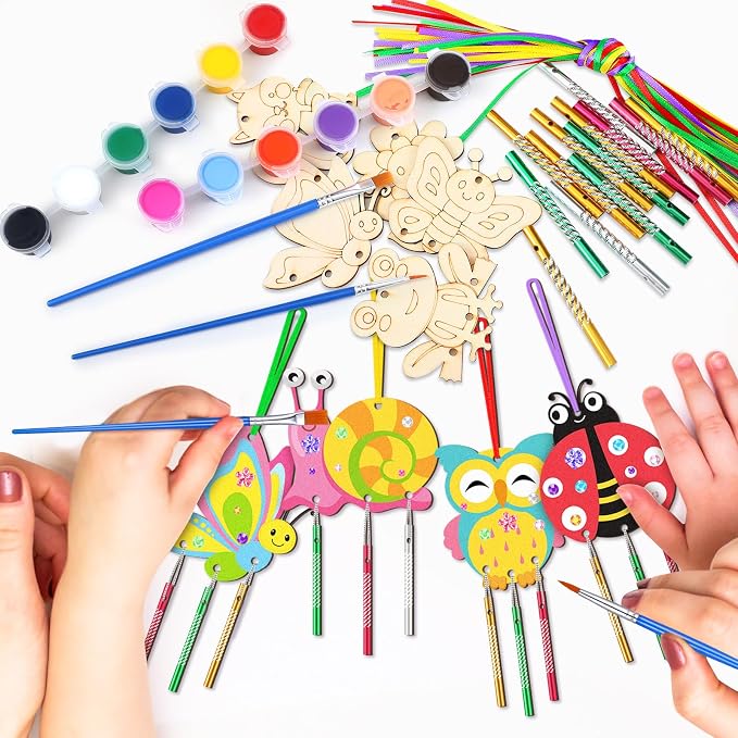 JellyArch 30 Pcs Wind Chime Craft Kit, DIY Wooden Insect with Paint | Paint Brushes Stickers, Kids Adults Summer Party, Ocean Beach Decor, Bulk Church Windows, Bee Ladybug Butterfly Designs