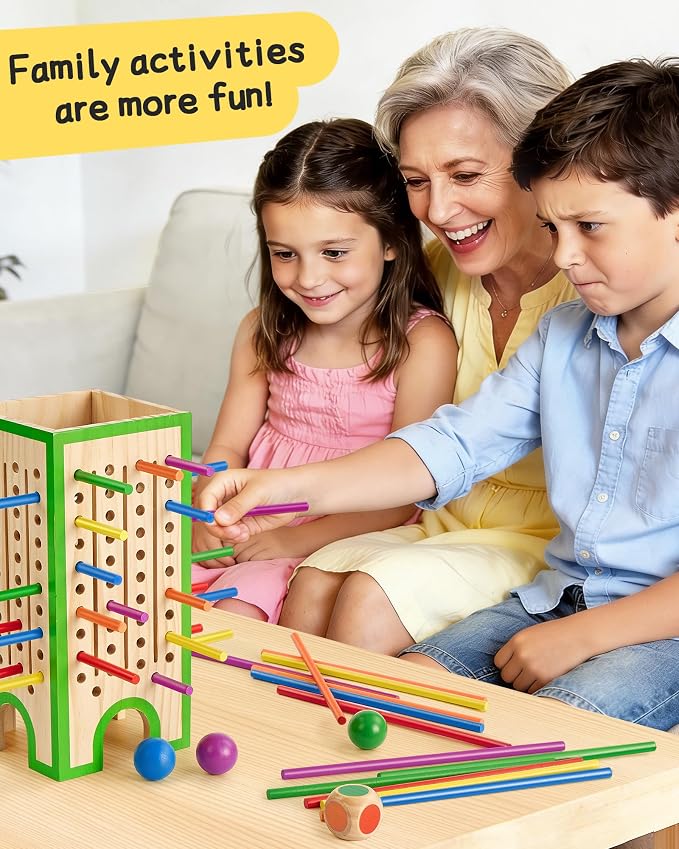 Montessori Wooden Board Game Ages 4-8 Fine Motor Toy | Water-Based Paint, Smooth Finished Edges, Family Night, Color Matching, 12 Balls, Storage bag, Ideal Gift