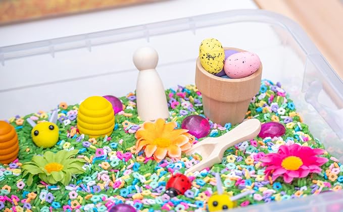 Spring Flower Sensory Bin Kit for Kids | Green Rice, Felt Bees, Wooden Eggs & Ladybugs, Floral Accessories & Wooden Tools – Includes Clear Storage Bin