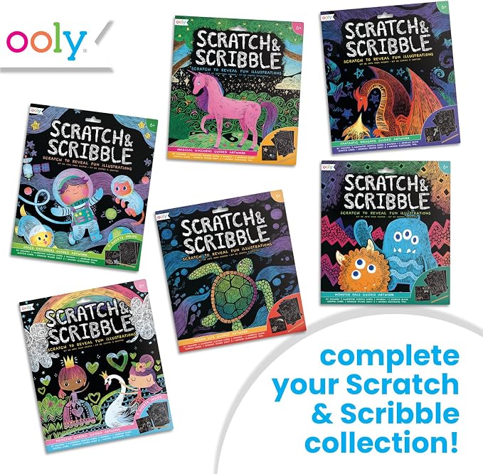Ooly Scratch & Scribble Art Kit, 8 Cards, Sticker Sheet – Colorful Safari | Ages 6+, Wooden Stylus and Stickers Included, Screen-Free Portable Car and Airplane Travel Activity, Gift for Kids