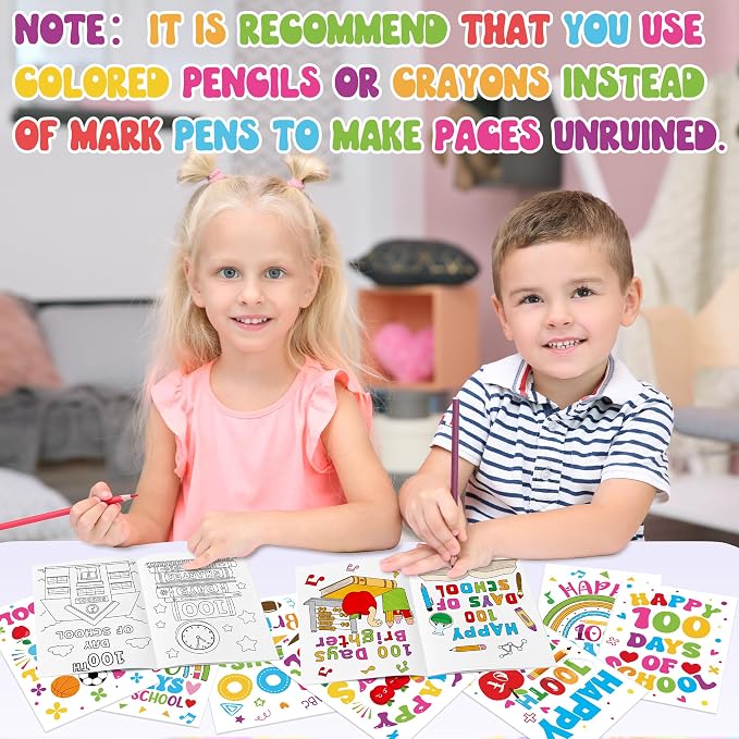 Dvbonike 24Pcs 100 Days of School Coloring Books - Happy 100th Day of School DIY Color-in Pages Cute Pencil Apple Patterns Drawing Booklet Classroom Rewards Art Activity Gifts Party Favors Supplies