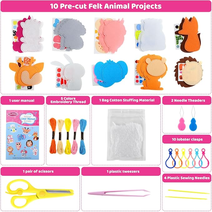 Sewing Kit for Kids, 10 Easy DIY Project of Stuffed Animal with Instruction | Funtopia Beginners Sewing Toys and Birthday Gift for Girls Boys, Felt Arts and Crafts for Kids Ages 5-8 8-12