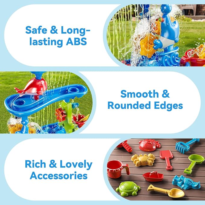 HeySplash Water Table for Toddlers 4-Tier with Toy Accessories | Kids Water and Sand Activity Sensory Playset, Sand Table Summer Splash Sensory Table for Outdoor Beach Backyard Garden, Blue