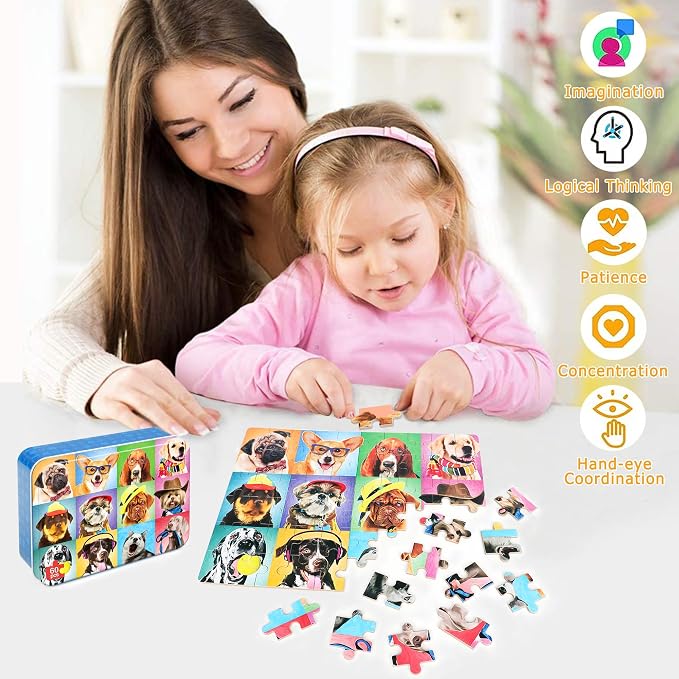 LELEMON Puzzles for Kids Ages 4-6,Dog 60 Piece Puzzles for Kids Ages 4-8 | Children Jigsaw Puzzles Kids Puzzles in a Metal Box,Educational Learning Puzzle Toys for Girls and Boys