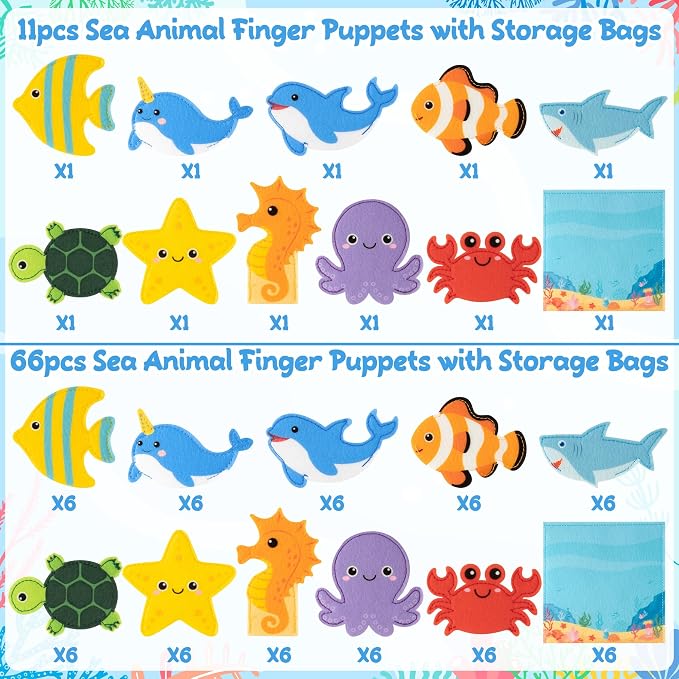 COcnny Sea Animal Finger Puppets - 11pcs Ocean Animal Felt Finger Puppet with Under The Sea Bag Set Making Crafts Kit for Kids, Make Your Own Story Telling Toys, Role Play for Boy Girl Toddle Age 3-8