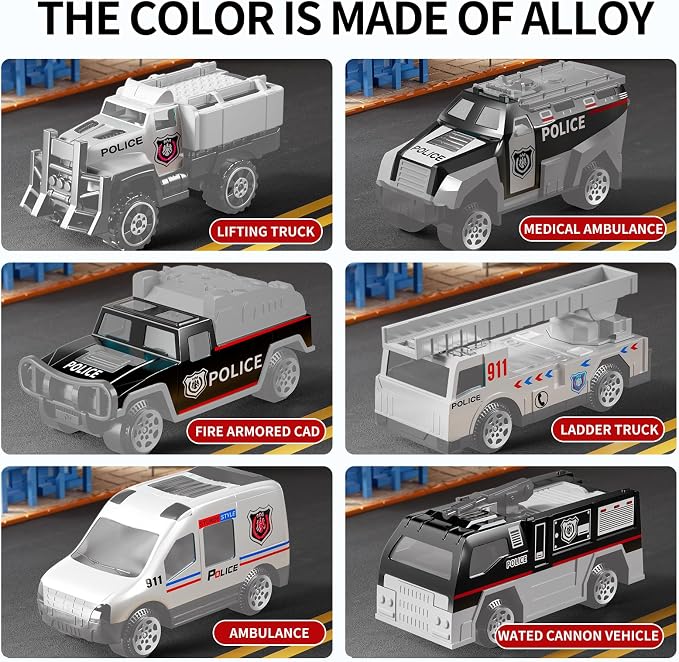 NIPLOOOW Police Trucks Toy Set with Play Mat, Carrier Truck Play Vehicles Set for 3 4 5 6 Years Old Boys Kids, Die-Cast Car Toy for Toddlers 3-4 Years, Birthday Gifts Toys for 3-9 Year Old Boys