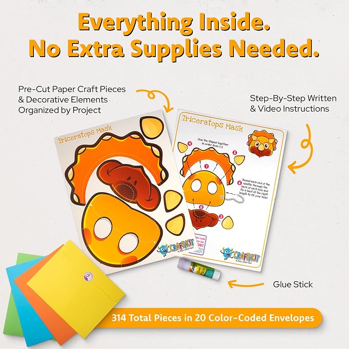 Craftikit® 20 Award-Winning Dinosaur Crafts for Kids - All-Inclusive Fun Dinosaur Crafts for Kids Ages 3-10 - Organized Toddler Craft Kit