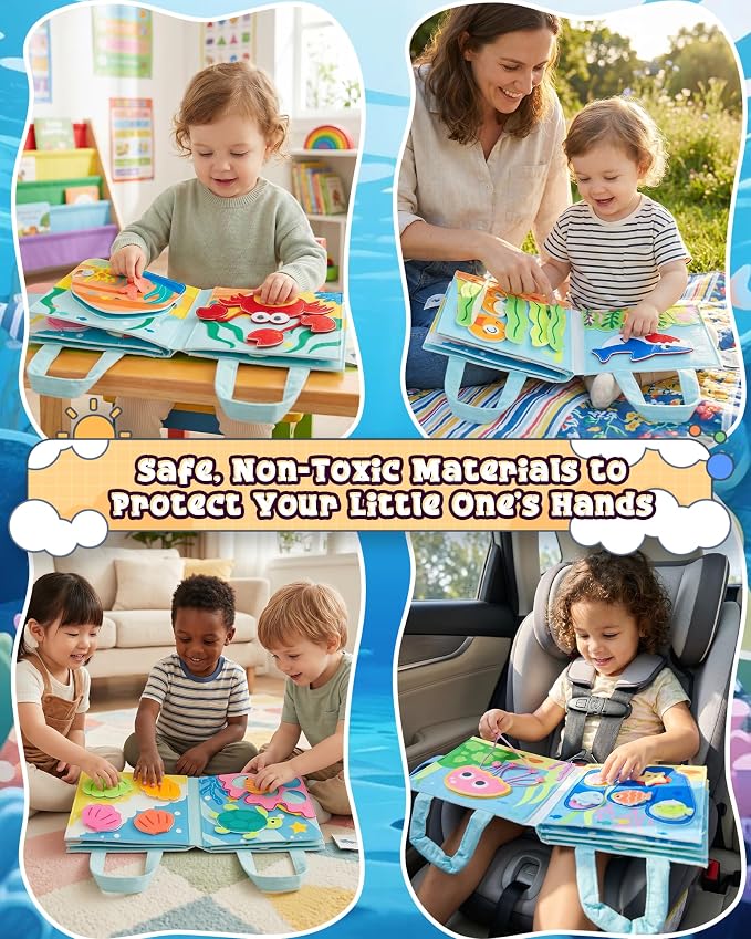 Montessori Busy Book for Toddlers, 8-Page Sensory Activity Book for Fine Motor Skills & Basic Dress Learning, Portable Travel Toy for Preschool Kids, Birthday Gift for Boys and Girls (Sea animals)