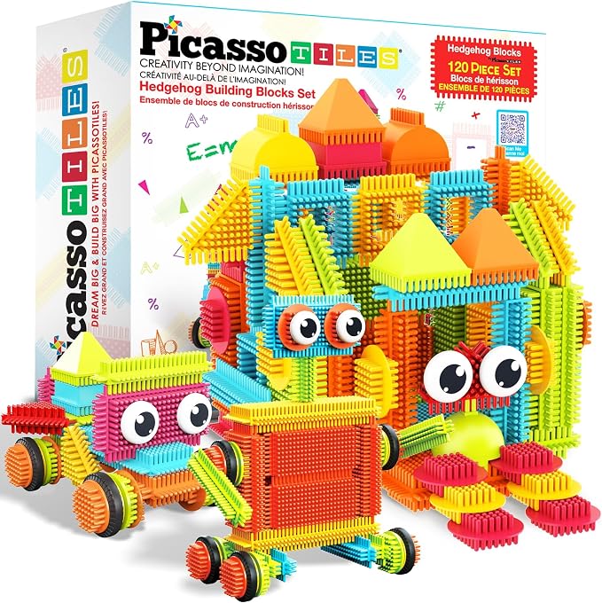 PicassoTiles 120pcs Hedgehog Interlocking Building Blocks Tiles Construction Toy Set Learning Playset STEAM Development Preschool Kindergarten Toy for Kids Age3+ PTB120 | Soft rubbery texture, easy-connect forms, BPA-free & lead-safe material, 20+ 3D d...