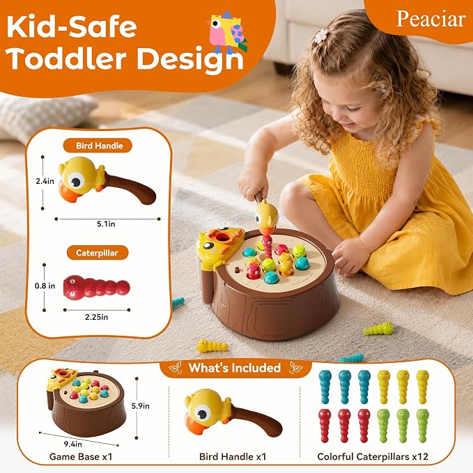 Magnetic Bird Feeding Game, Fine Motor Skills Ages 3-5 Birthday Girls Gift | Woodpecker Worm Catching Game, Montessori Educational Toy, 2 Speeds with Music, Safe Materials Ideal Gift for Toddlers 3-5