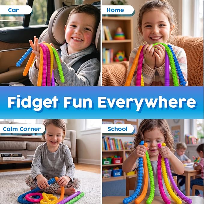 BUNMO Silicone Sensory Toys – 6 Pack Fidget Worms Toy Set | Stretchy Noodles for Kids | Bright, Textured, Fun Stretchy String Noodles Fidget Toy for Tactile Play | Sensory Toys for Kids 5-7