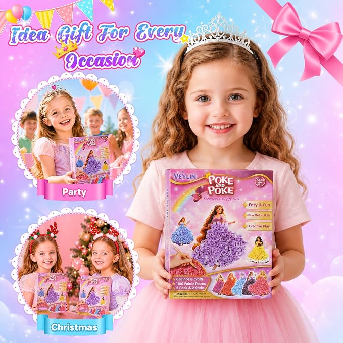 VEYLIN Screen-Free Poke and Poke Art Kit for Girls Ages 4-8, 8 Princess Designs with 1100 Fabric Squares, Mess-Free DIY Arts and Crafts, Travel Activity Birthday Gifts for Kids