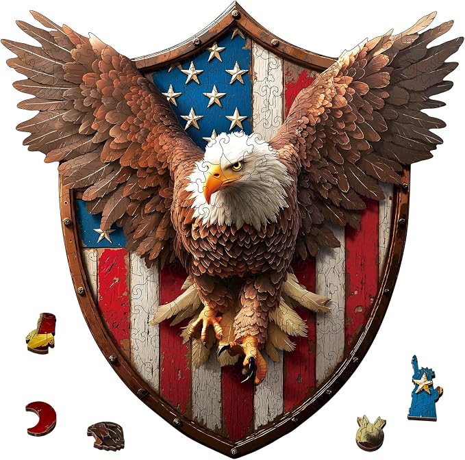 USA 250th Anniversary Wooden Puzzle for Adults, 200pcs American Eagle Puzzle Wooden Jigsaw Puzzle for Adults, Irregular Unique Shaped Wood Puzzle, Challenging Puzzle Gifts for Men & Veterans