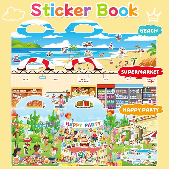 3 Sets of Reusable Jelly Stickers Books - Perfect for 3-6 Year Olds Jelly Stickers Books - Airplane and Car Travel Toys Educational Gifts for Boys and Girls (Beach+Supermarket+Party)