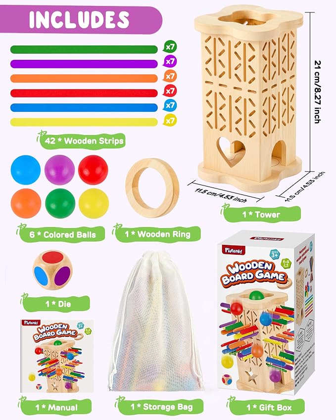 Montessori Wooden Board Game for Kids 3–8, Fine Motor Skills Toy 42 Strips | Color matching, 2 play modes, cognitive growth & family fun — CPC-certified rubberwood, safe gift for boys girls ages 3–8