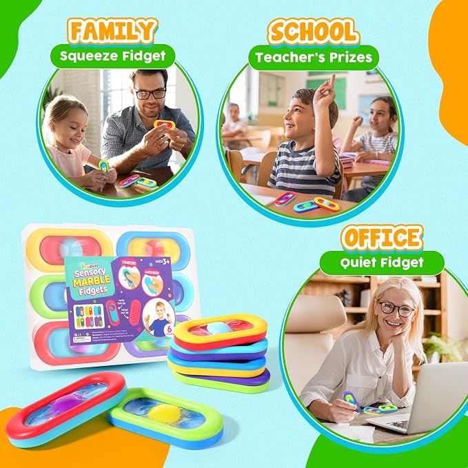 Sensory Marble Fidget Toys for Kids Autism 6 Park Quiet Classroom Fidgets | Gel Filled Autism Squeeze Sensory Toys ADHD, Silent Stress Fidgets Worry Stones for Student Classroom Prizes, Travel Gifts