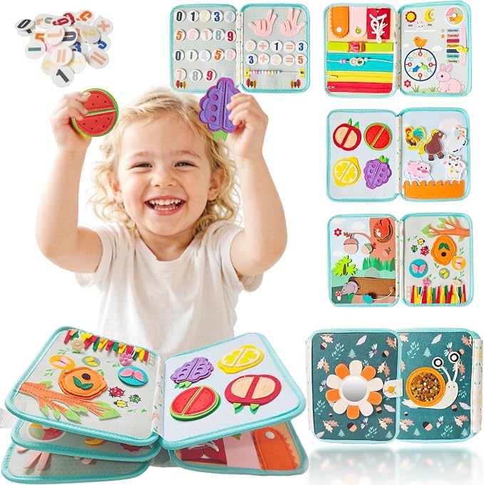 Busy Book for Toddlers 1-3, Montessori Toys Busy Board for Boy Girl Gifts | Quiet Activity Books for Baby, Toddler Travel Toys for Car Airplane, Learning Fine Motor Skills