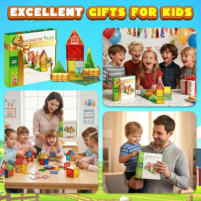 3 Otters 42PCS Magnetic Tiles Set, Building Blocks with Farm Animals | Magnet Toys for Kids, Preschool Learning, Spatial Awareness, Shape Recognition, Classroom Must Haves, Birthday Gifts