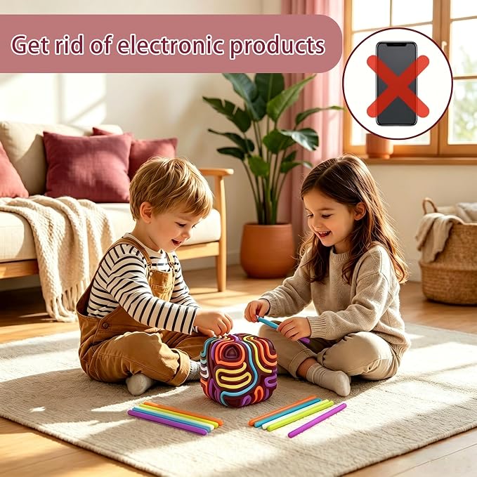 Sensory Activity Board Cube Fidget Toys for Kids & Adults - Zero Noise Silicone Quiet Toddler Travel Toys for Car Rides & Airplane - Autism ADHD Calming Toy Gift Stuffers with 15 Strings