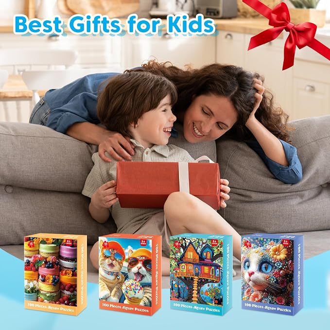 4-Pack 100 Piece Puzzles - Cakes Tree House Cats Puzzle for Kids Ages 4-8 8-10, 100 Piece Jigsaw Puzzle for Adults Seniors Children Learning Educational Puzzles Toys Birthday Xmas Gifts for Girls Boys