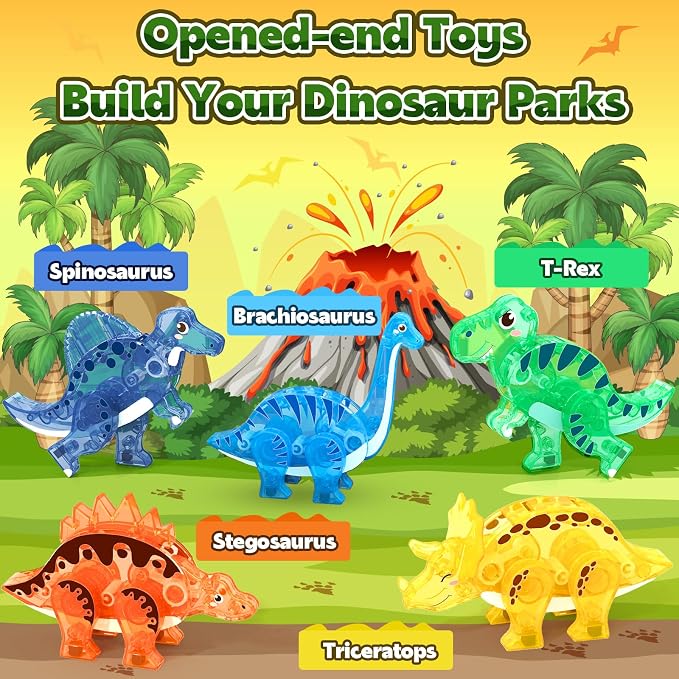 Dinosaur Toys Magnetic Tiles 3D Movable Dinos for Kids 3-5 5-7 Toddler Toy | Outdoor Sensory Toys with 5 Popular Dynamic Dinosaurs, STEM Educational Magnetic Blocks for 3+ Years Old Girls Kids Boys Toys