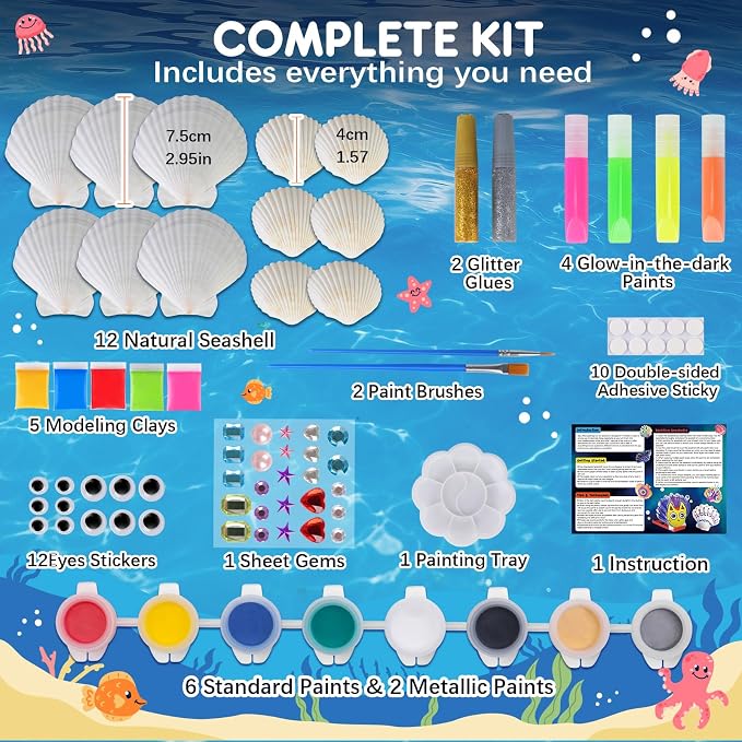 EPUMP Sea Shell Painting Kit for Kids - Glow in the Dark Beach Toys and Summer Crafts, Arts and Crafts Kit Creative DIY Indoor Outdoor Activity Toy Birthday Gift for Boys Girls Age 6 7 8 9 10 11 12+