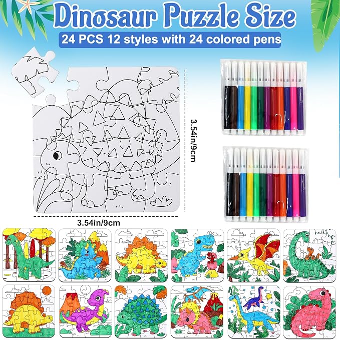 Dinosaur Puzzles for Toddlers 2-4, Dinosaur Crafts DIY Art Activities Toys | 24 Set Color Your Own Craft Blank Jigsaw, Fall Classroom Gift for Kid Adult Birthday Party Favors Coloring Game Supplies Bulk