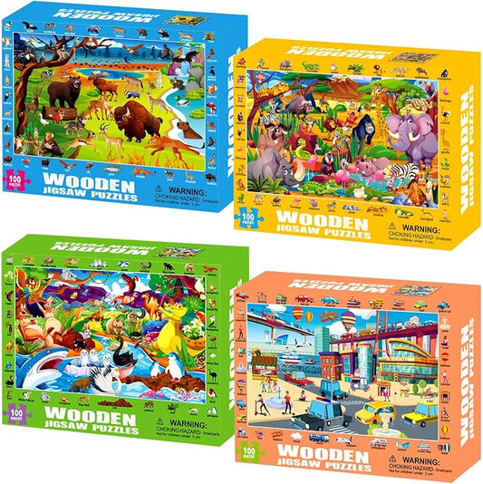 100 Piece Jigsaw Puzzle for Kids Ages 4-6, 4-Pack Animal & Vehicle Themes | Educational Learning Toys for Kids Ages 6-8 8-10, Birthday Gifts for Girls Boys