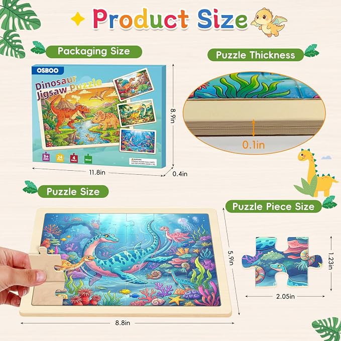 Puzzles for Kids Ages 4-6, 4-Pack 24-Piece Wooden Kids Puzzles | Dinosaur Adventure Themes | Educational Puzzles for Kids Ages 3-5, Age-Appropriate Learning Toys, Ages 3+