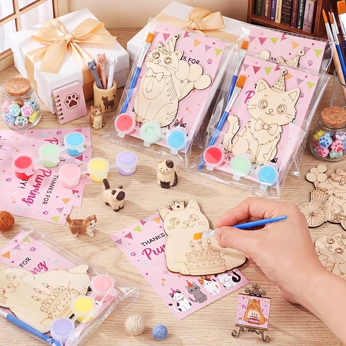 Saypacck 24 Pcs Cat Party Favors Wooden Paint Craft Kits | Cute Cat Designs, Includes Paints Brush Bag, For Girls Cowgirl Theme Goodie Bag Fillers, DIY Thank You Gifts