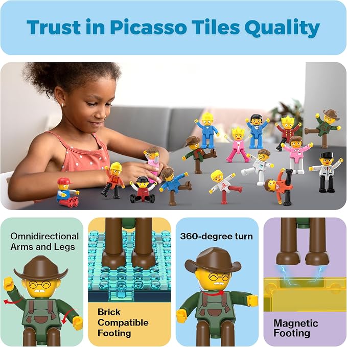 PicassoTiles Magnetic Character Figures Set, Toddler Style STEM People Toy | 16 pcs, creative pretend roleplay, open ended construction, interactive building block accessories, safe non toxic, ages 3+