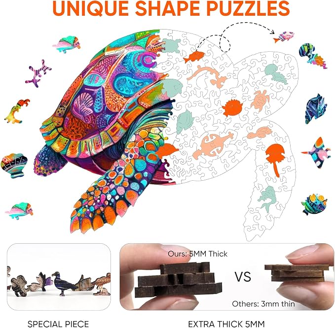 Mys Aurora Colorful Turtle Puzzles for Adults 200 Pieces Ocean Wood Puzzles | 5MM Thick Wooden Jigsaw Puzzles, Unique Shape Puzzle for Adults and Kids Birthday Gifts Family Game 11.4 * 11.4 inches