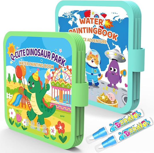 KONLE Reusable Water Painting Book, 20 Pages Dinosaur&Space Coloring Books | Mess Free Coloring Book for Toddlers 1-3, Travel Gift for Boys & Girls, Educational Art Activity, Montessori Art