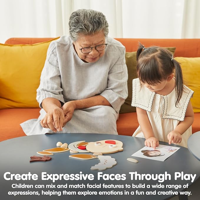 PlanToys® Wooden Build A Face Play Set Montessori Social Emotional Kids Toy | face pieces, sensory toys, girls, boys, emotional expression, creative fine motor gift preschool learning family fun set