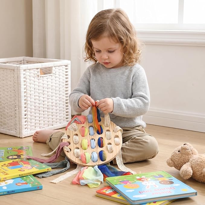 Eray Montessori Wooden Lacing Board for Toddlers 3+, Open-Ended Weaving Board with Play Silks, Threading & Lacing Toy, Fine Motor Skills, Loose Parts Play, Preschool Learning Gift
