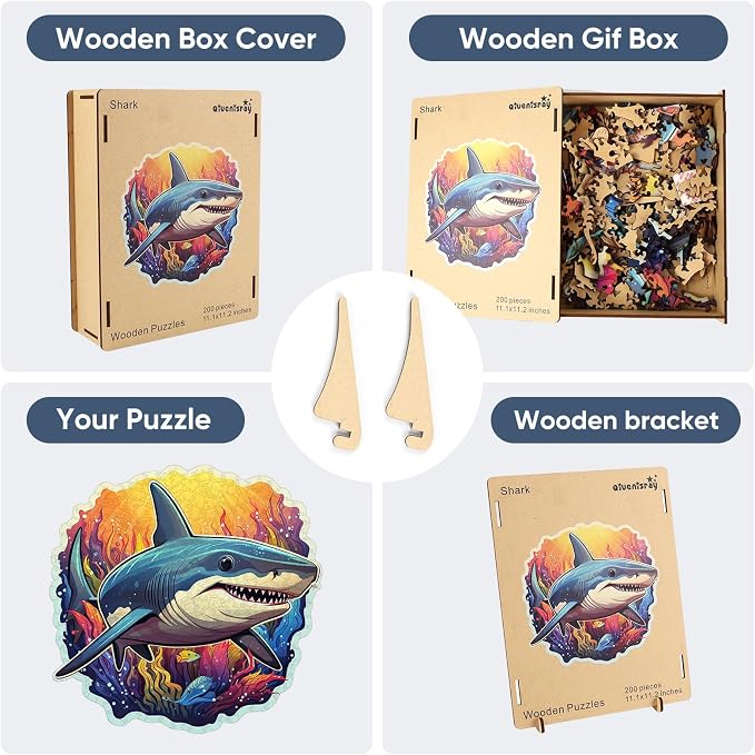 Qiuenisray Wooden Puzzles for Adults, Shark Ocean Jigsaw Puzzles 200 Pieces, Funny Wall Decor, Wood Puzzle, FSC Certified Unique Shape Adult Puzzles Pieces, Creative Gift for Family Game 11.1x11.2 in