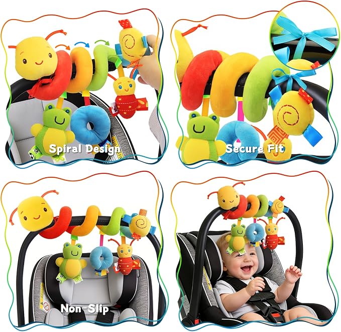 Spiral Car Seat Toys for Babies 0-12 Months | Baby Sensory Soft Plush Hanging Toys, Stroller Crib Accessories, Essentials for Expecting Moms, Baby Shower Registry Gift