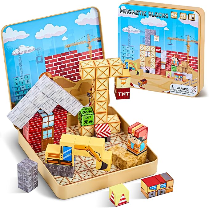 49PCS Magnetic Blocks with Iron Storage Box, Magnetic Cubes Tiles | STEM Educational Stacking Magnets Travel Toys for Kid Ages 3 4 5 6 7 8 9 10 11 Birthday Party Supplies Gifts for Boys Girls