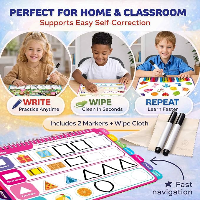 Busy Book for Toddlers 3-5 - Reusable Dry Erase Workbooks for Kids 4-6 | Fantasy Search and Find Activity Pad - Toddler Workbook with Markers for Travel and Quiet Time