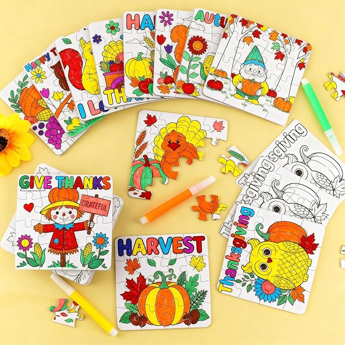 Fall Thanksgiving Arts & Crafts for Kids Autumn Activities DIY Puzzle Kit | 24Ps Thanksgiving Jigsaw Maple leaf Turkey for Fall Harvest Party Favors Classroom Gift Blank Coloring Game Toy Supplies Bulk