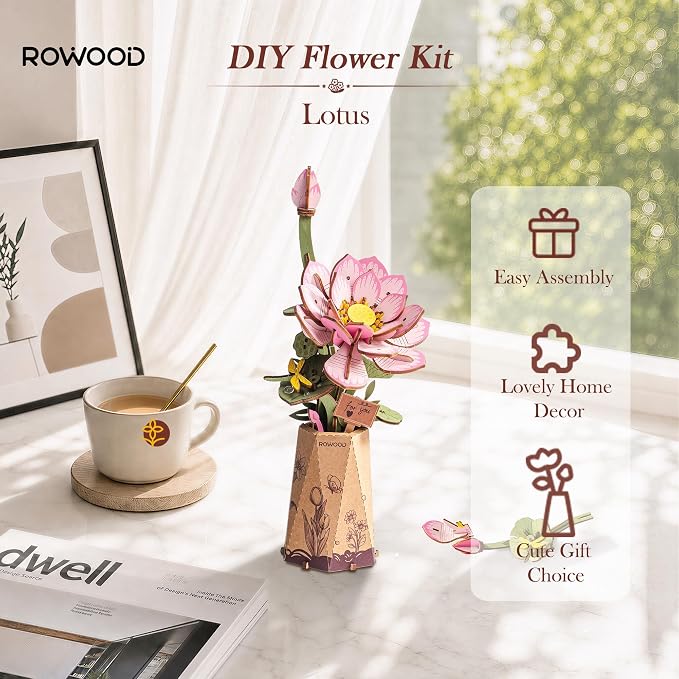 rowood Lotus 3D Puzzles for Adults,Wooden Flower DIY Craft Kits for Women,Botannical Collection Table Decor,Mothers Day/Teachners Day Gift