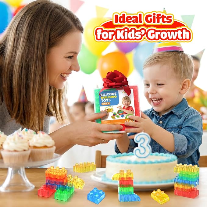 LESONG Sensory Building Toys for Toddlers: 24PCS Squeezable Silicone Stacking Toys – Early Learning Construction Playset for Preschool Manual Skills, Birthday Gifts