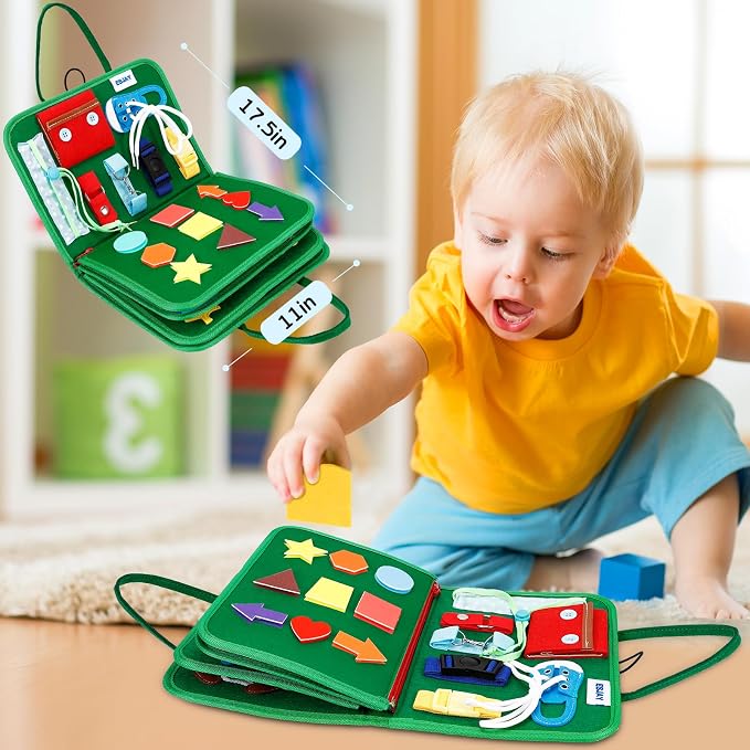 Esjay Busy Board Montessori Toys for Boys and Girls, Sensory Book Educational Activities for Learning Fine Motor Skills, Birthday Gifts, Travel Toys for Airplane Car, Green Multipages